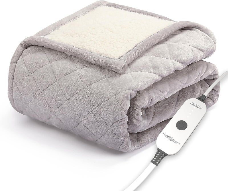 Sunbeam Quilted Royal Posh Velvet Reverse Sherpa Heated Throw Electric Blanket, 50" x 60", 4 Heat Settings, 4-Hour Auto Shut-Off, Warming Cozy Throw for Couch, Sofa or Bed, Machine Washable, Dove Grey - Image 1